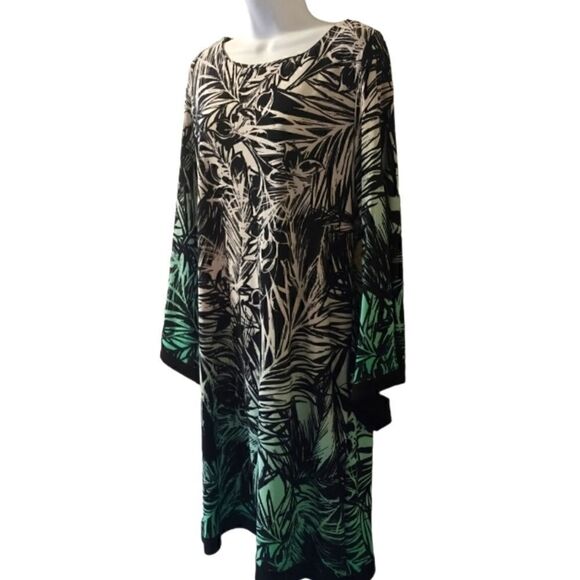 Emma & Michelle black, white, aqua tropical fauna dress size L - Picture 3 of 8